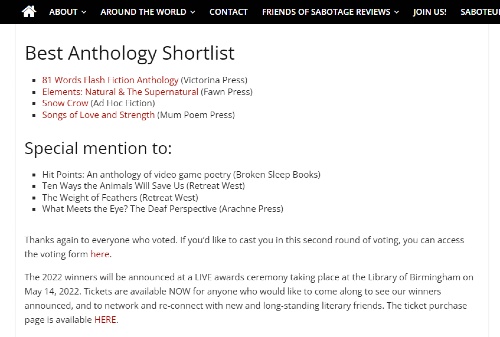 Sabotage Reviews Saboteur Awards Best Anthology shortlist